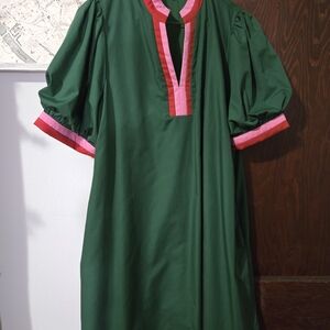 Green Dress with Pink Trim & Puff Sleeves